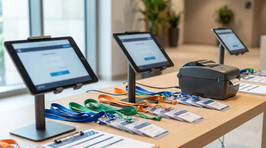 Balcão de credenciamento de evento corporativo com tablets de check-in e crachás organizados