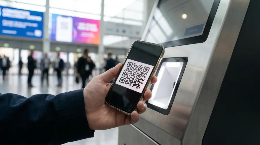 Participantes lendo QR code em totem de autoatendimento na entrada de um evento