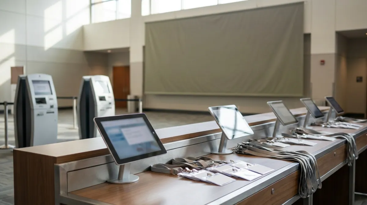Balcão de credenciamento de evento corporativo com totens de check-in e crachás