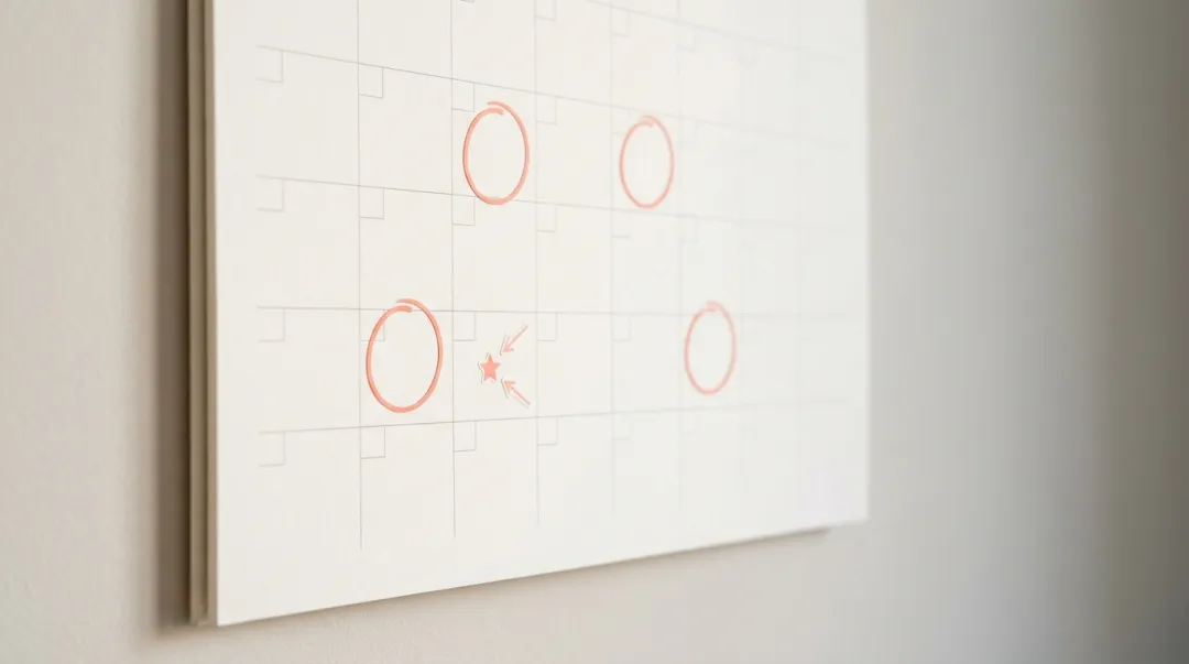 Calendário de parede com marcações coloridas indicando os marcos de um cronograma de eventos