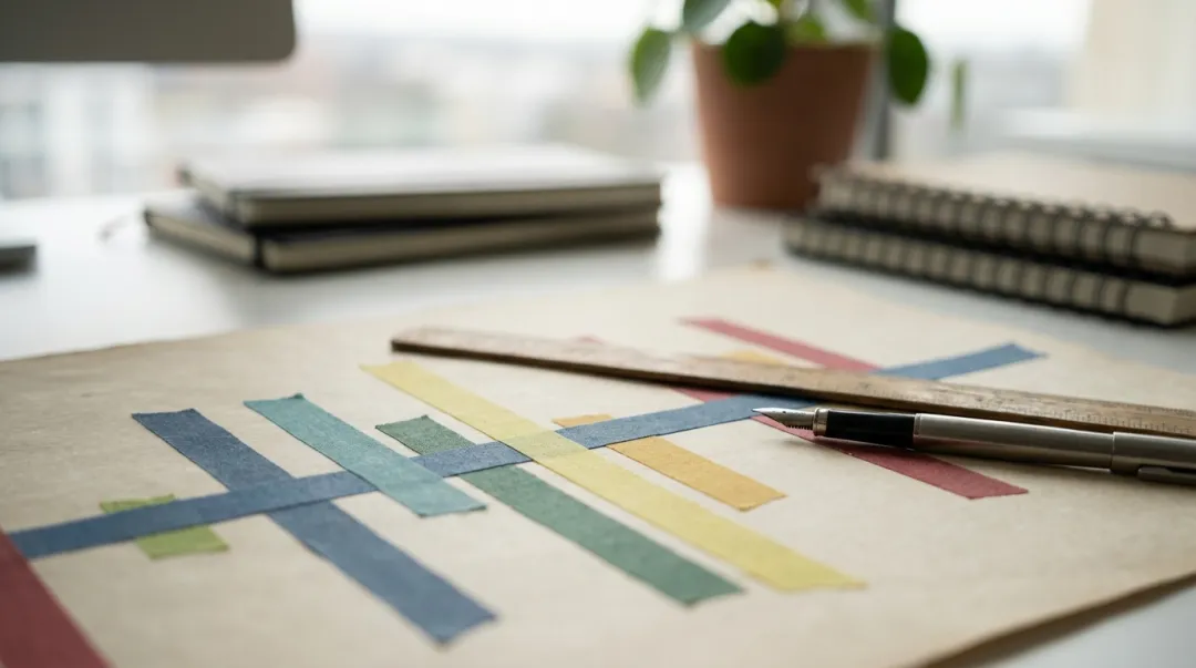 Gráfico de Gantt abstrato com barras coloridas representando a timeline de um evento