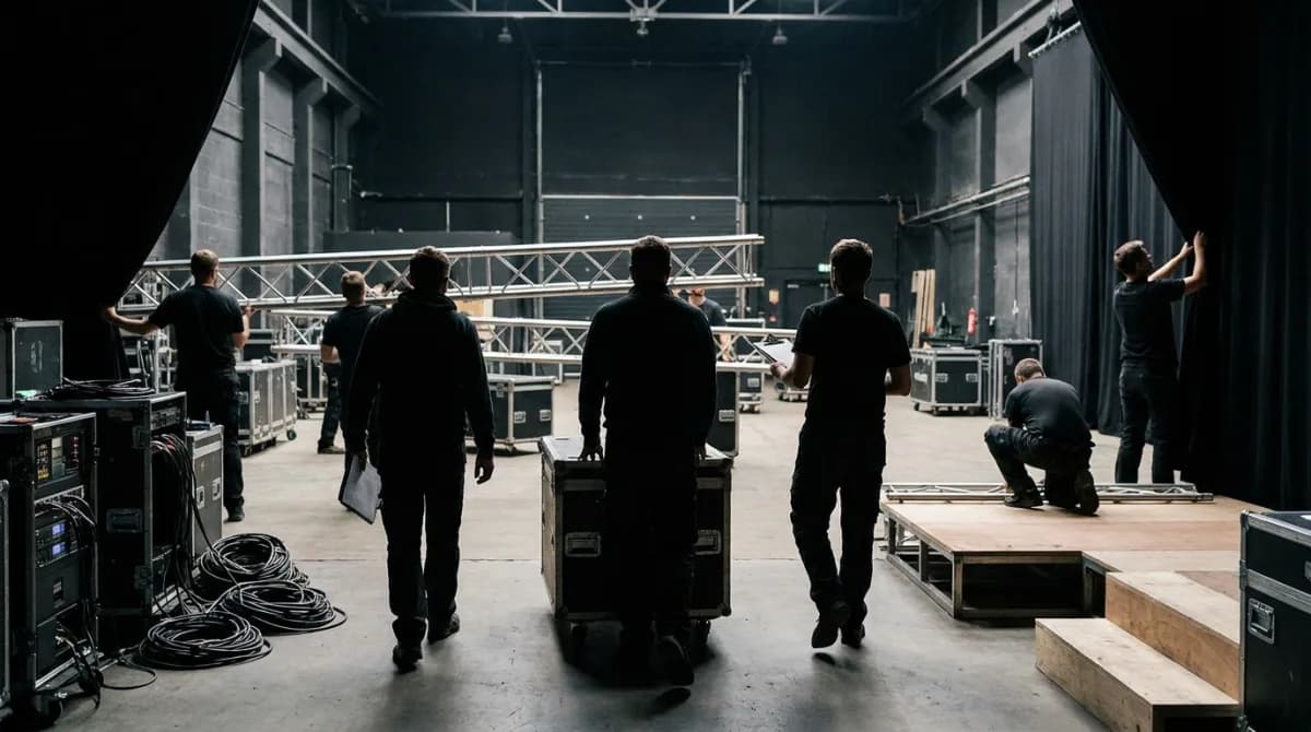 Equipe de produção montando a estrutura de um evento corporativo antes da abertura