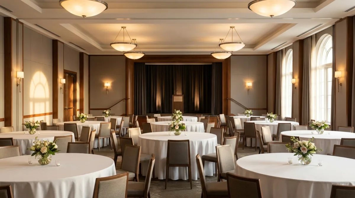 Espaço de eventos elegante montado e vazio antes da chegada dos convidados