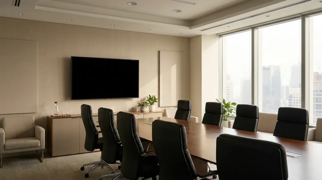 Sala de reunião executiva moderna com mesa ampla e telão para apresentação corporativa