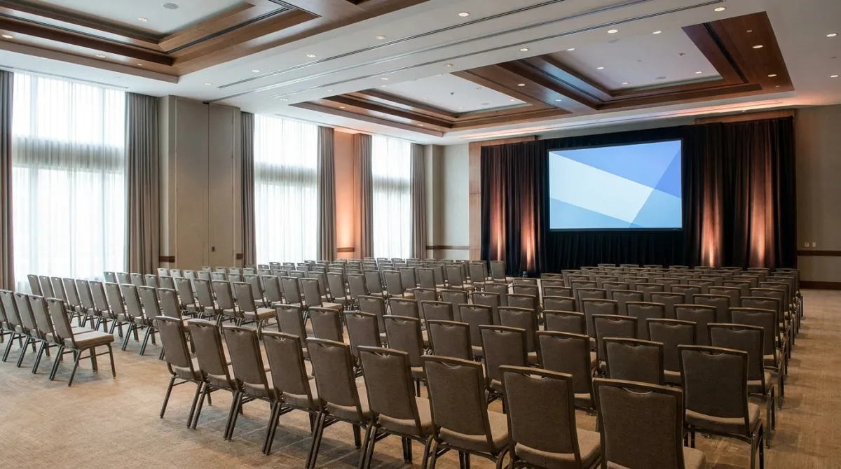 Salão de convenções corporativo montado com cadeiras alinhadas e telão antes do evento