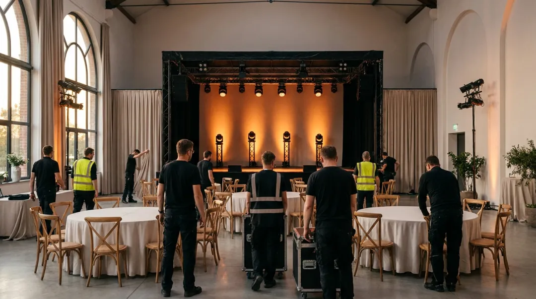 Equipe montando um salão de evento elegante com mesas, cadeiras e iluminação antes da abertura