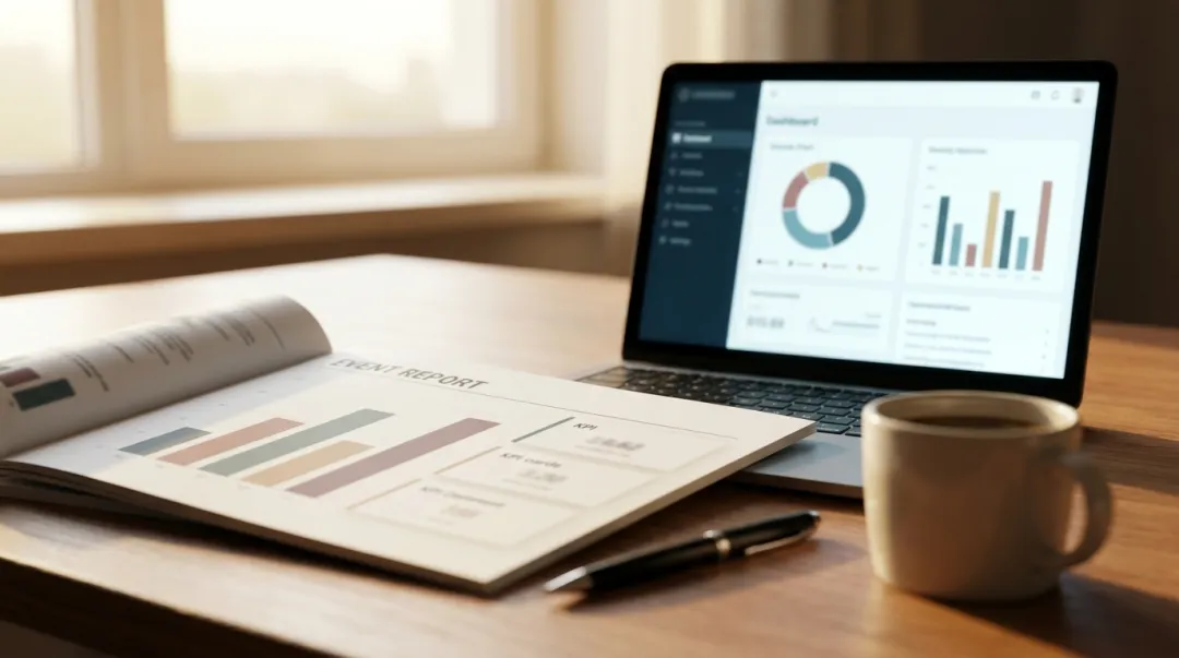 Mesa de trabalho com relatório impresso, notebook e gráficos para análise de resultados do evento