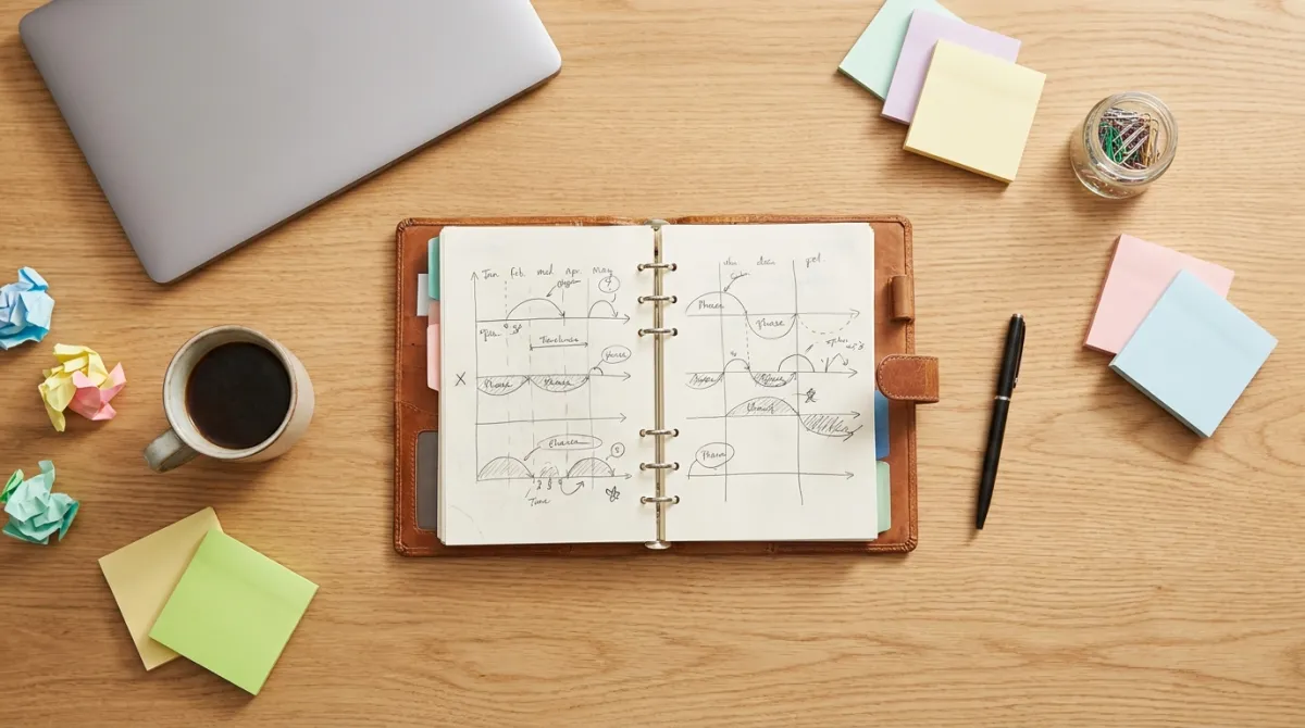 Mesa de planejamento com cronograma das etapas de um evento, notebook e post-its
