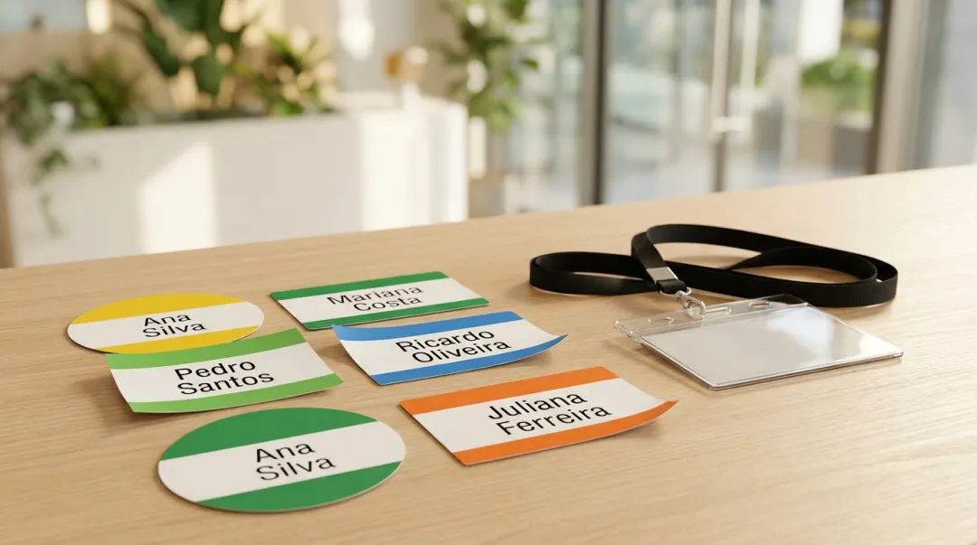 Folha de etiquetas adesivas coloridas para credenciamento de evento ao lado de um porta-crachá com cordão