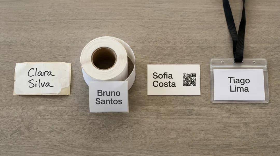 Quatro tipos de etiquetas para eventos lado a lado: adesiva em papel, térmica, com QR code e em porta-crachá com cordão