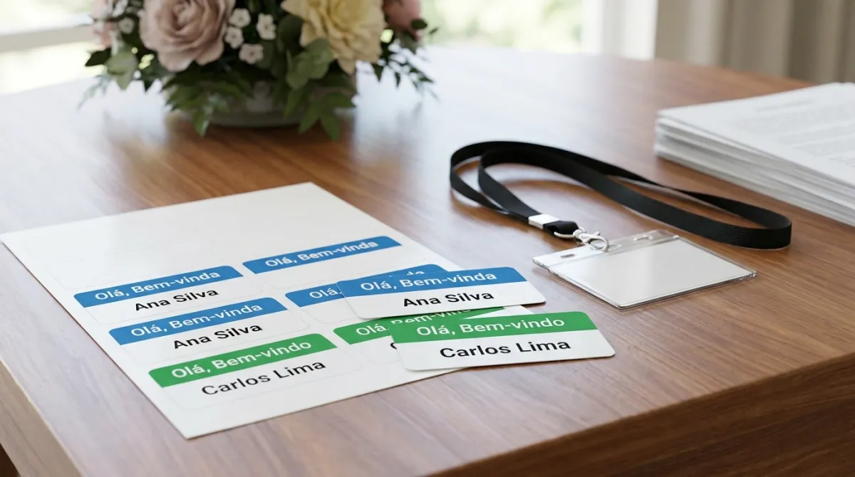 Folha de etiquetas adesivas personalizadas para credenciamento de evento sobre uma mesa de recepção