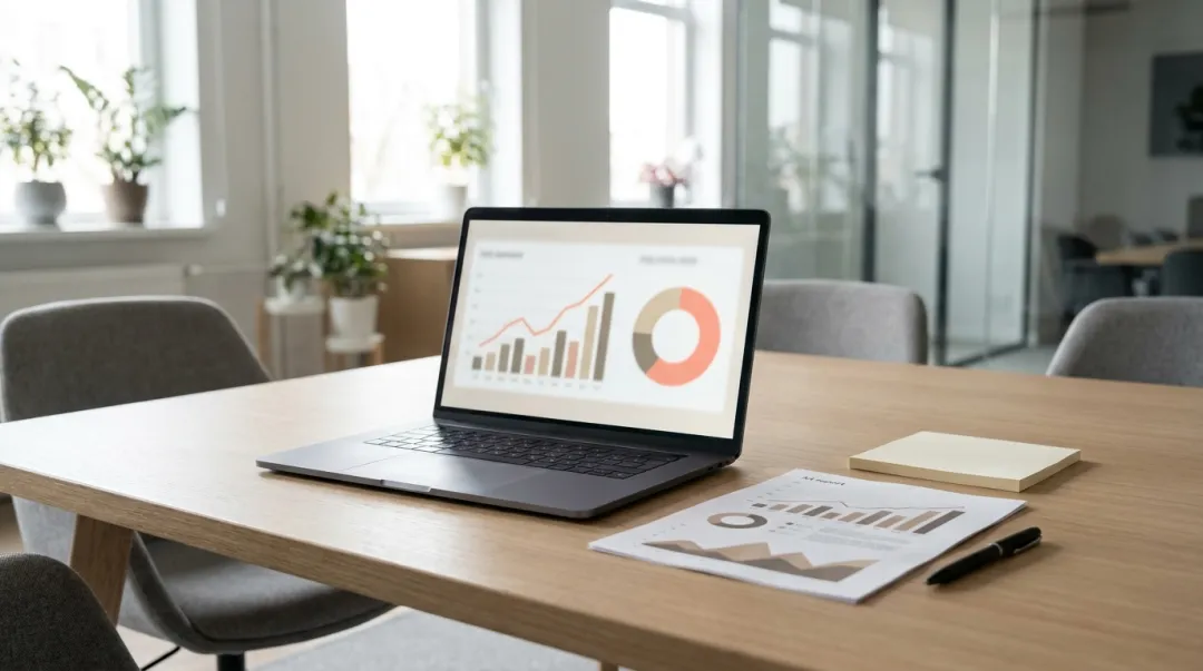 Gráficos abstratos de metas e ROI de evento exibidos em laptop sobre mesa de reunião