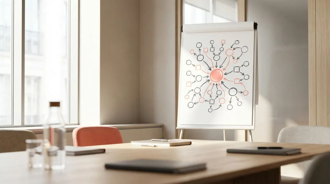 Quadro de planejamento estratégico com objetivos e setas abstratas durante reunião de equipe