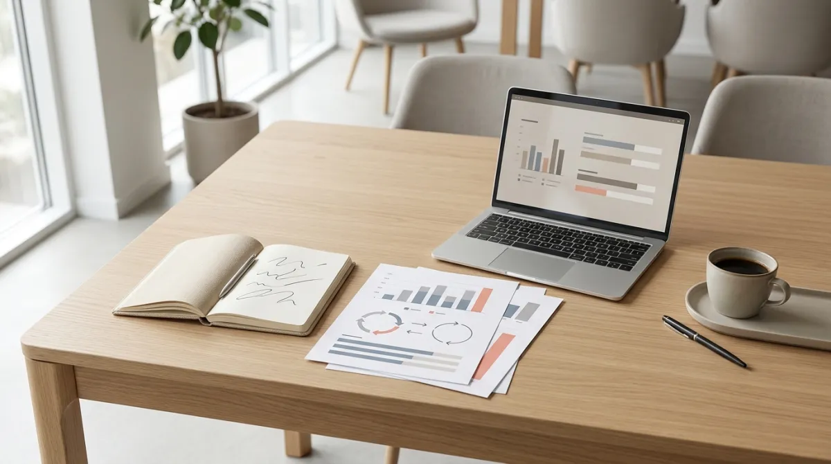 Mesa de reunião estratégica com quadro de objetivos e gráficos de metas antes do planejamento do evento