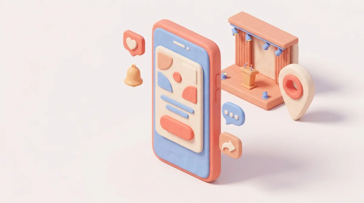 Ilustração isométrica 3D de um celular divulgando o convite de um evento com ícones de redes sociais e um palco ao fundo