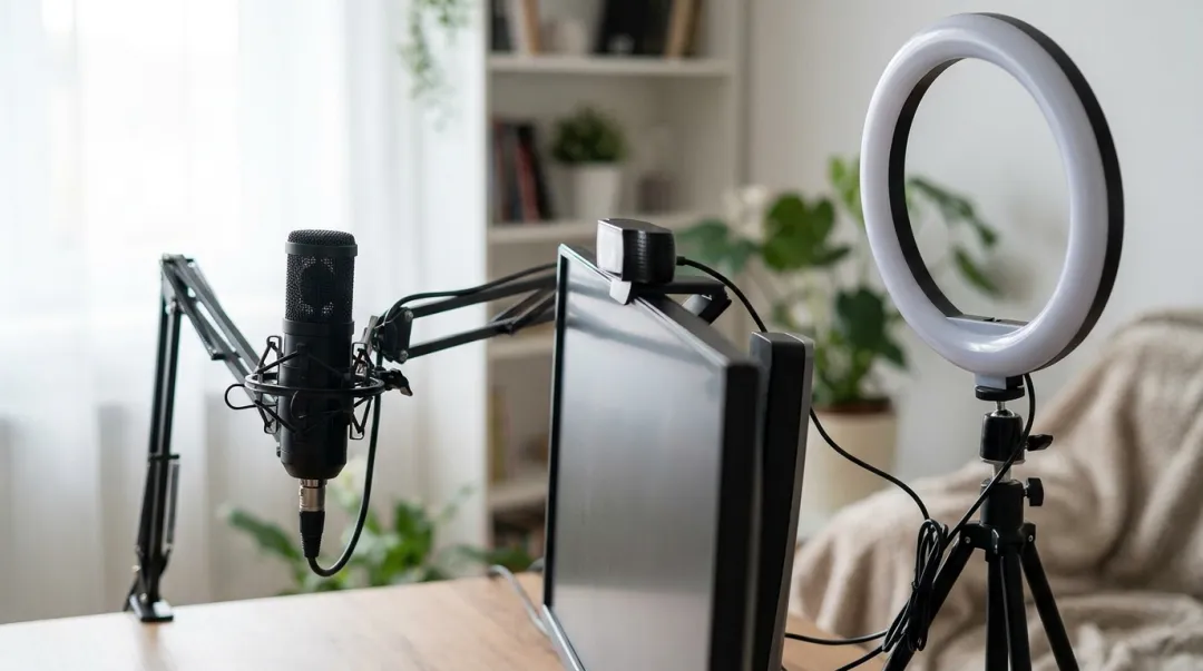 Webcam, microfone USB e ring light em um setup doméstico de transmissão ao vivo