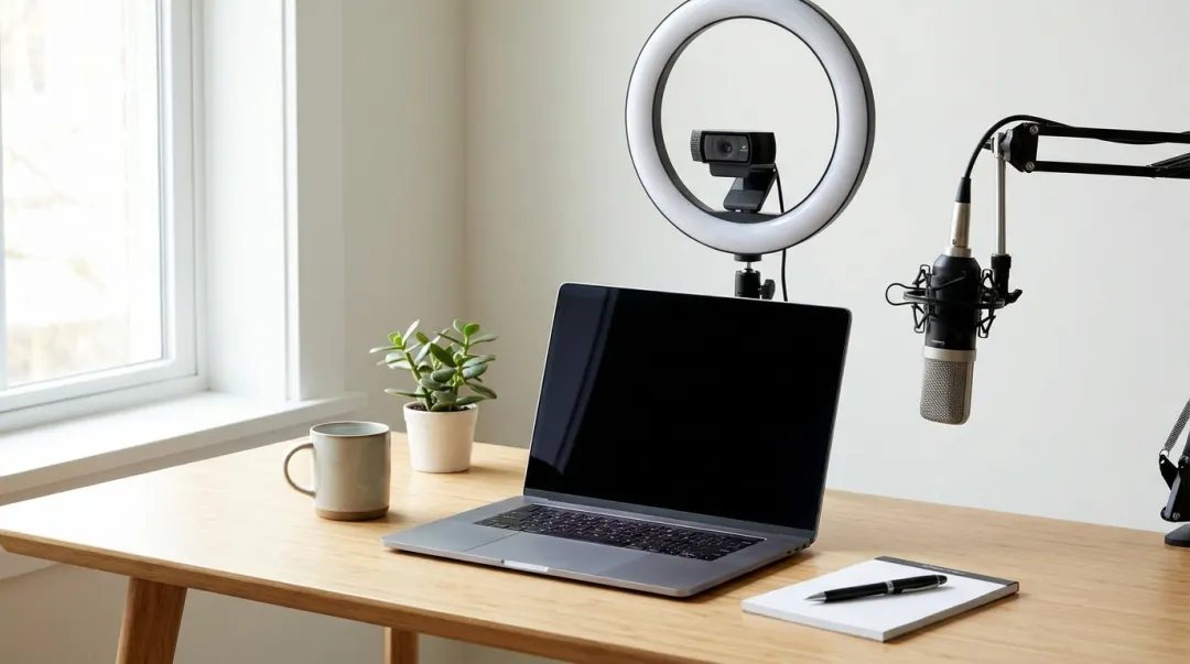 Setup de transmissão de evento online com laptop, ring light e webcam sobre uma mesa