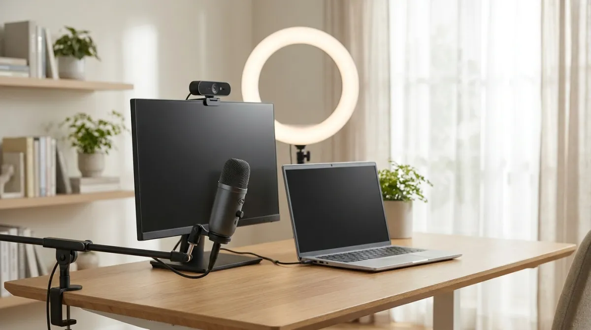 Setup de transmissão de evento online com laptop, ring light e webcam