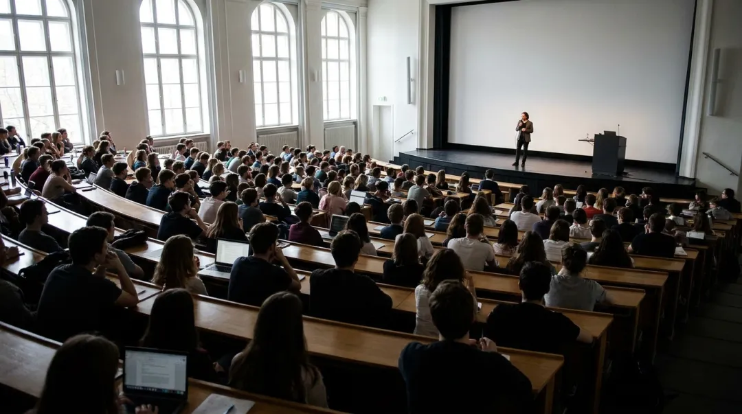 Auditório universitário visto de cima durante uma palestra de semana acadêmica, com plateia de alunos vista por trás