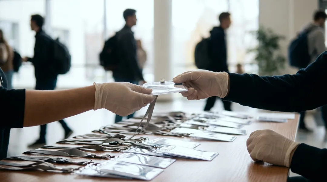 Mesa de credenciamento de evento universitário com crachás organizados em ordem alfabética e porta-crachás