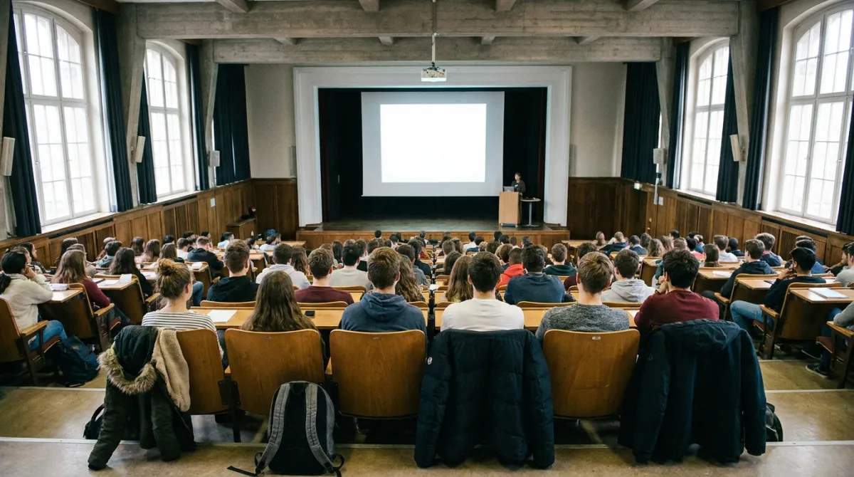 Auditório universitário lotado durante palestra de semana acadêmica