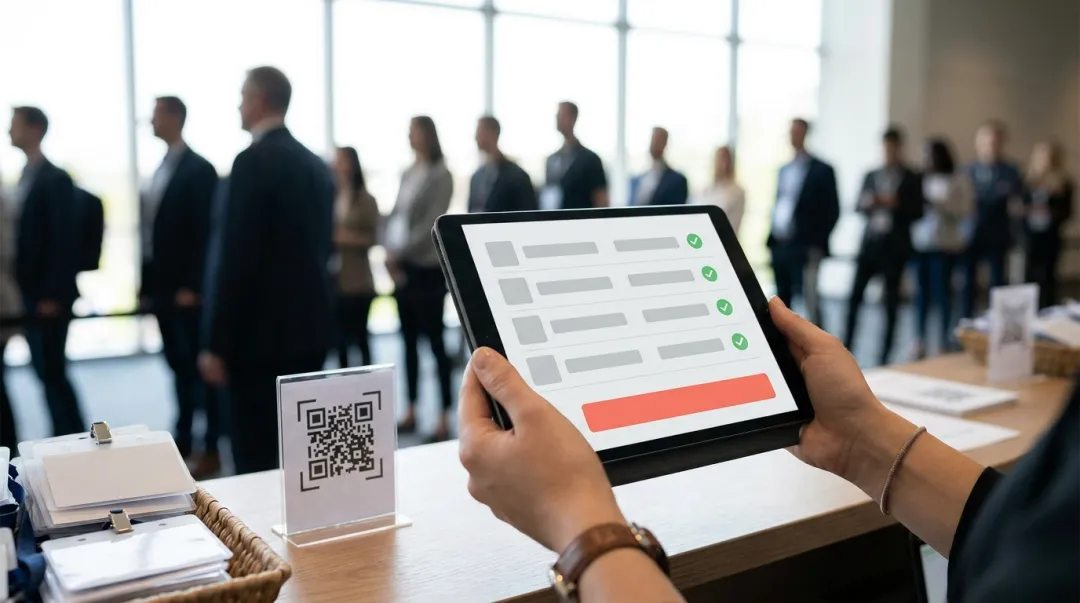 Fluxo organizado de credenciamento na entrada de um evento com check-in digital