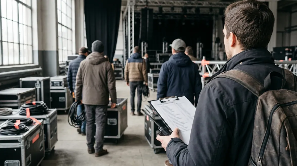 Equipe coordenando a gestão de um evento com cronograma e painel de controle