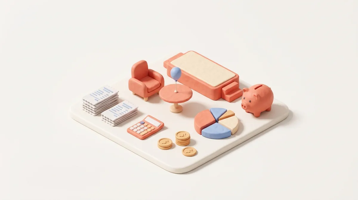 Ilustração isométrica 3D de controle de gastos de evento com recibos, calculadora, cofrinho e gráfico de despesas