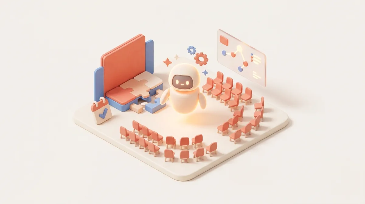 Ilustração isométrica 3D de um assistente de IA organizando automaticamente a montagem de um evento