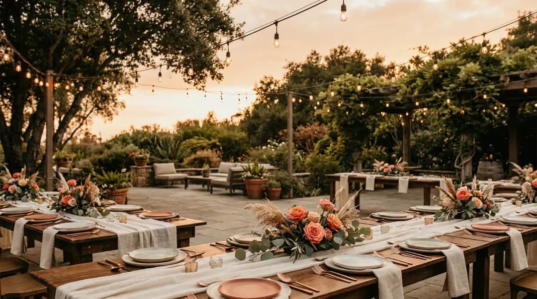 Espaço ao ar livre arborizado preparado para um evento, com mesas postas e iluminação ao entardecer