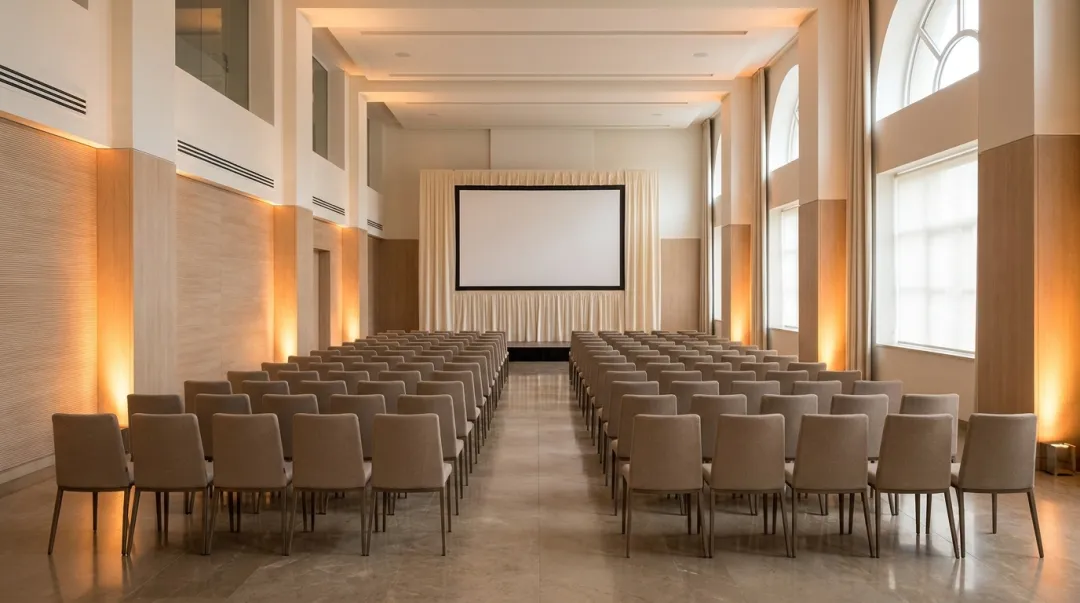 Salão de eventos elegante montado e vazio, com cadeiras alinhadas e iluminação suave antes da abertura