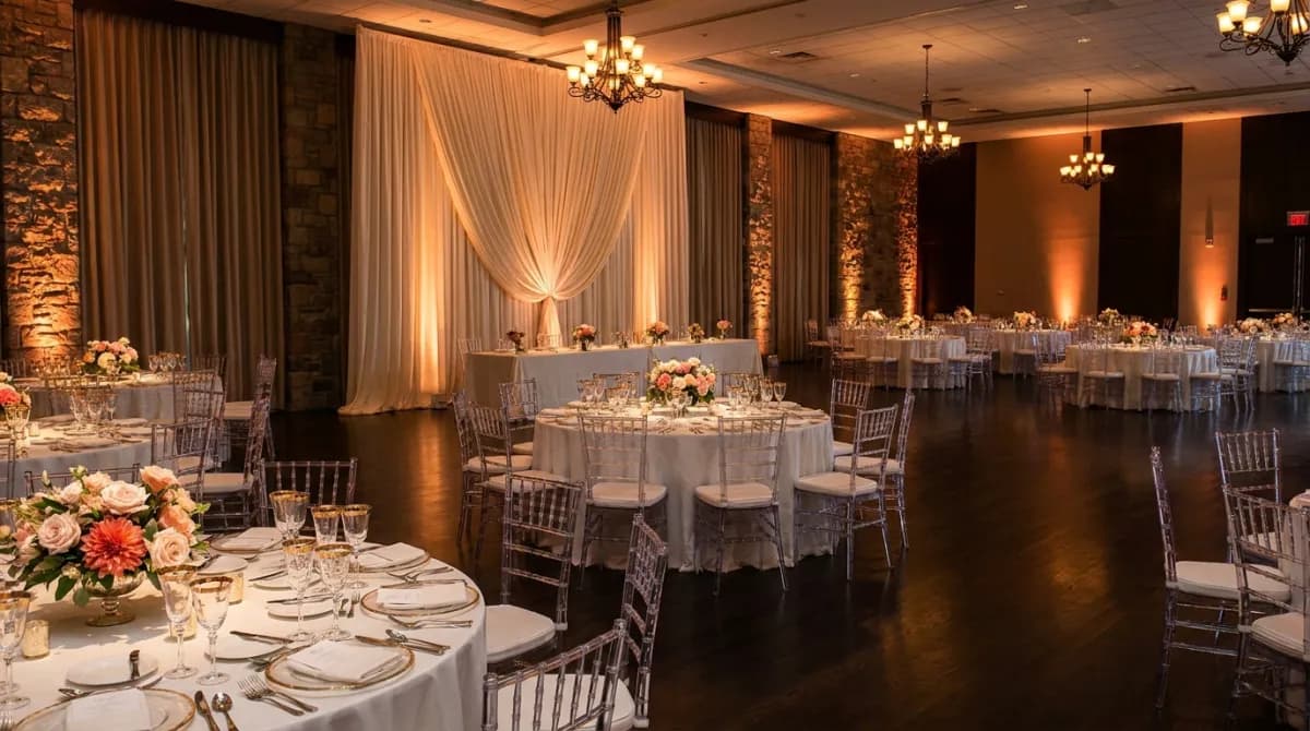 Salão de eventos elegante e iluminado montado e vazio antes da abertura