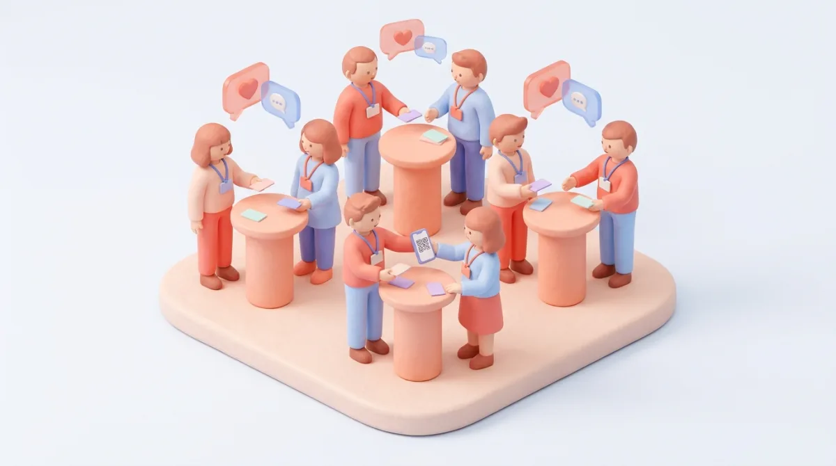 Ilustração isométrica 3D de pessoas fazendo networking em um evento, trocando cartões e contatos entre as mesas