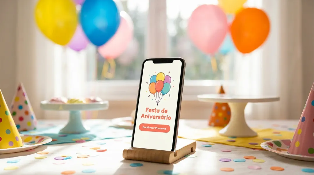 Convite de aniversário infantil exibido no celular sendo enviado pelo WhatsApp