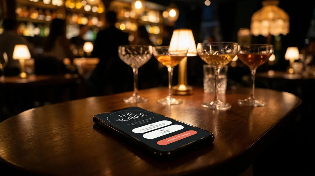 Convite de aniversário adulto elegante no celular sobre uma mesa com taças
