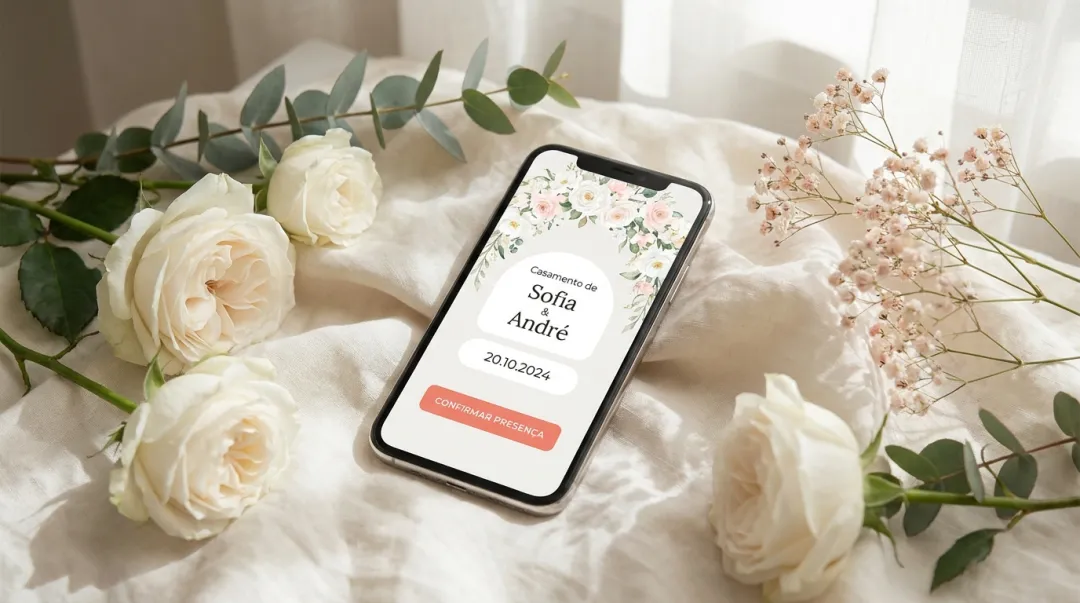 Convite de casamento digital elegante exibido no celular com flores ao fundo