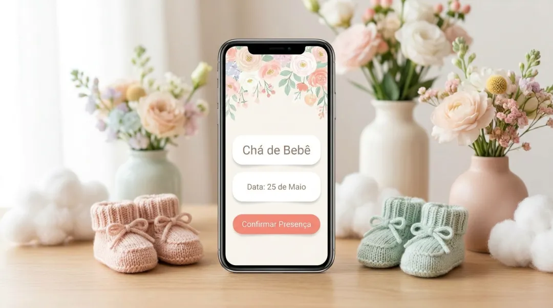 Convite de chá de bebê fofo no celular ao lado de itens de enxoval