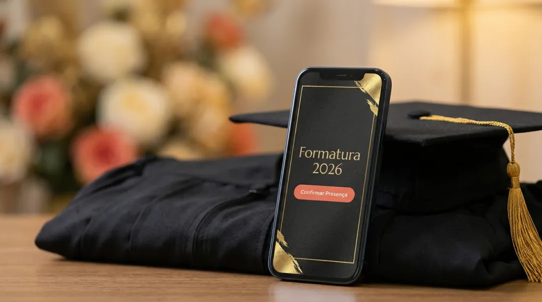 Convite de formatura sóbrio exibido no celular com beca ao fundo