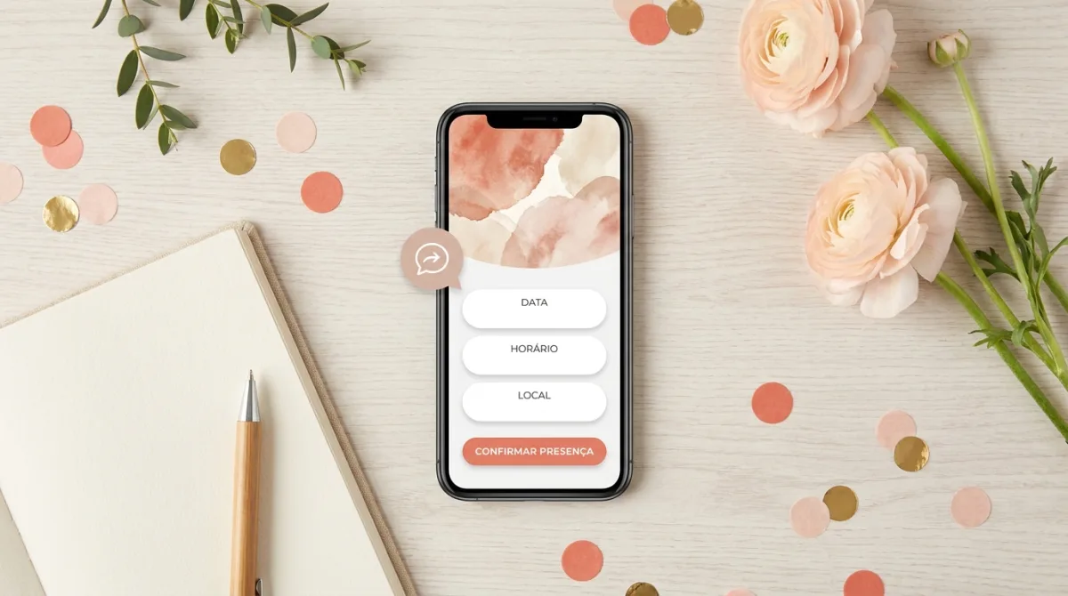 Convite digital com mensagem personalizada exibido no celular ao lado de uma conversa no WhatsApp