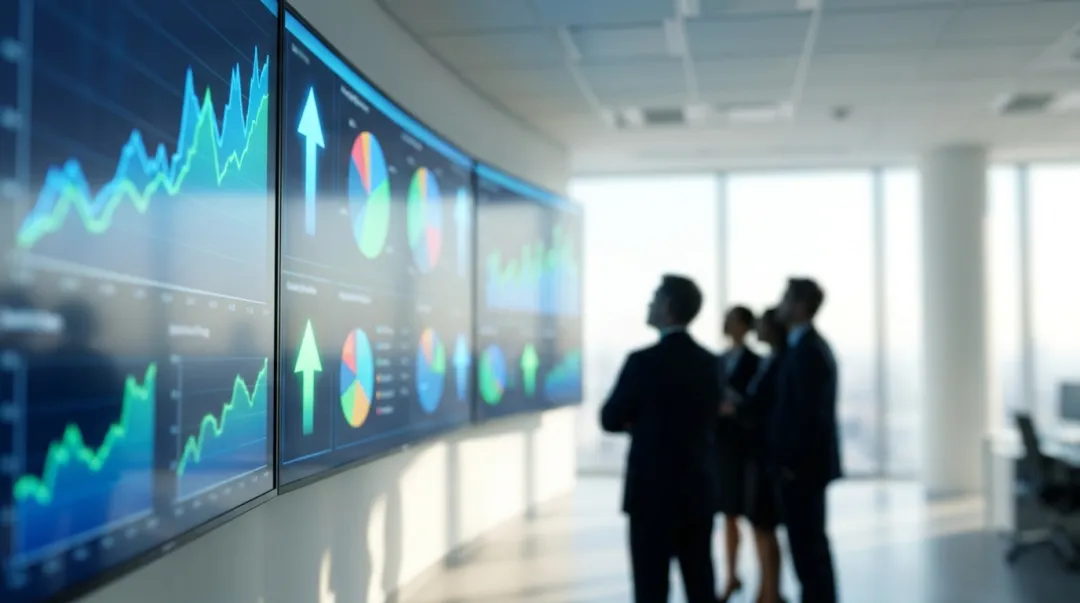 Painel digital com gráficos de crescimento do mercado de eventos exibidos em uma sala de controle
