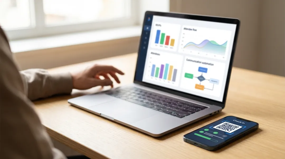 Tela de notebook exibindo um painel de gestão de evento com indicadores de participação e automação