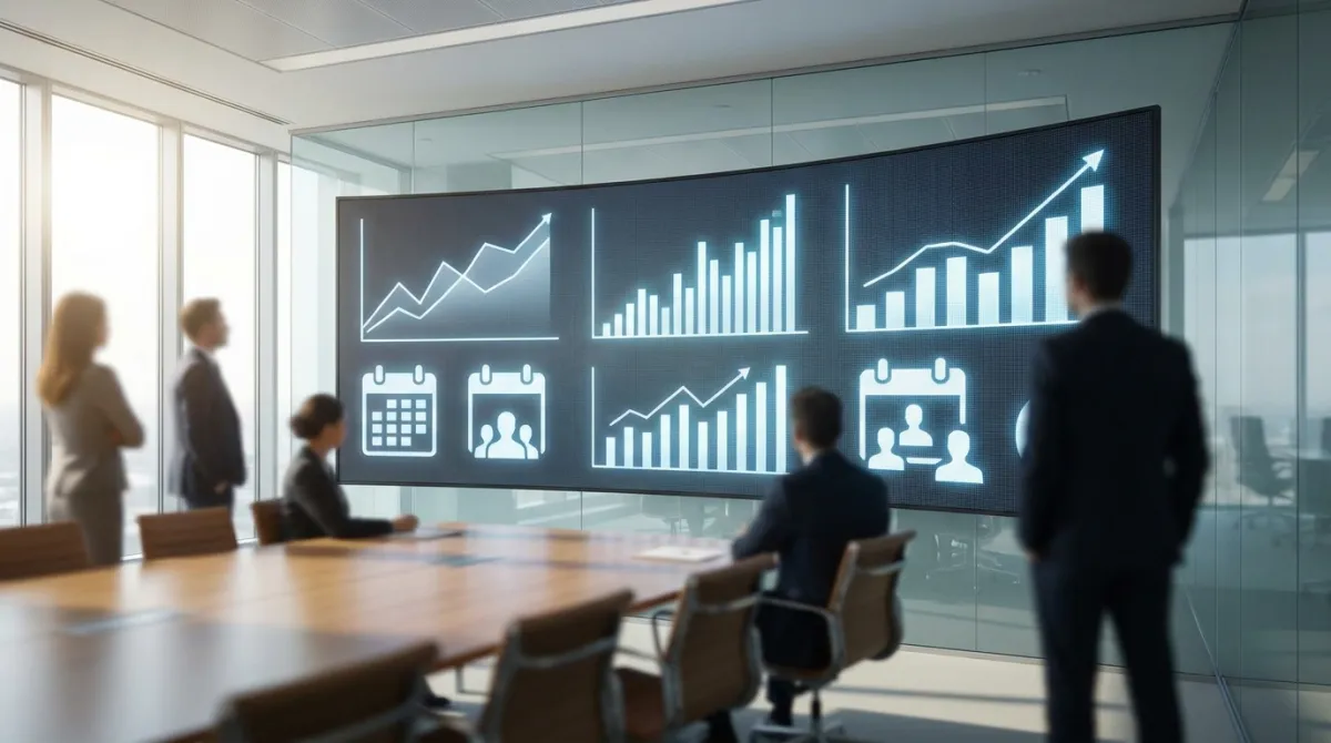Painel com gráficos de crescimento do mercado de eventos em 2026