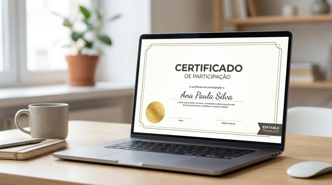 Certificado de workshop com layout criativo exibido na tela de um notebook