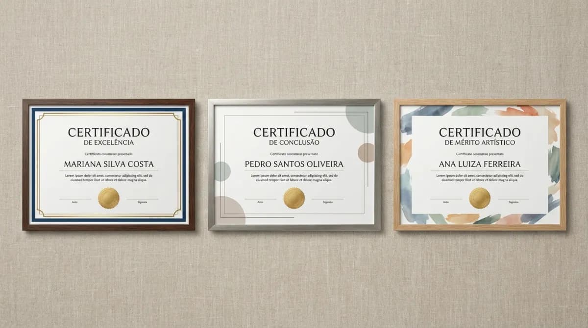 Modelos de certificado de participação elegantes com moldura e selo dourado exibidos lado a lado