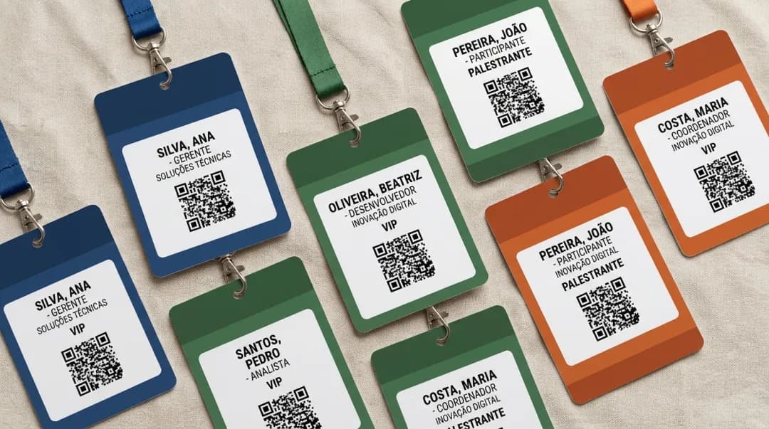 Diferentes modelos de crachás para eventos em branco, com cordões coloridos, dispostos sobre uma mesa