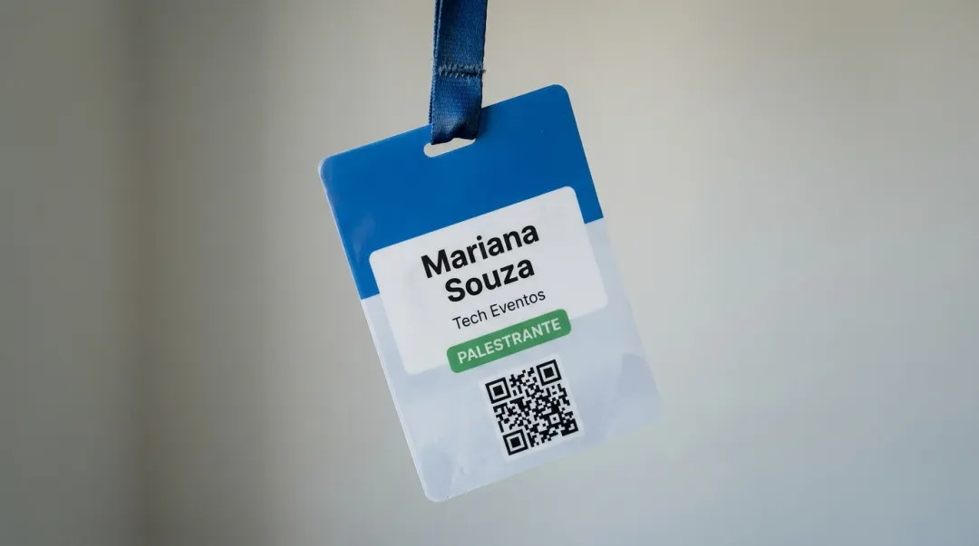 Modelo de crachá de congresso com faixa de cor na base e área reservada para QR code, sem texto legível