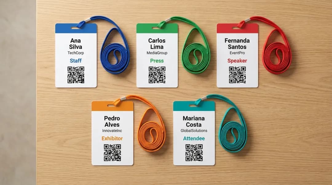 Crachás genéricos em diferentes formatos e cores exibidos como mockups, com áreas cinza no lugar do texto