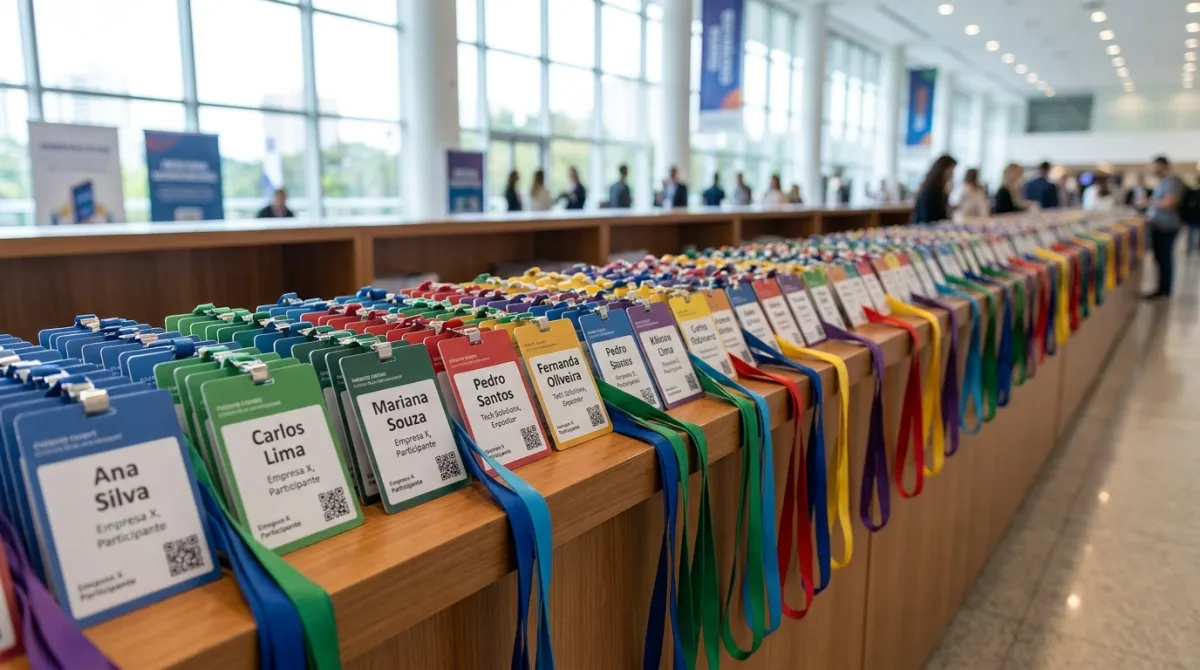 Vários modelos de crachás para eventos em branco com cordões coloridos sobre uma mesa