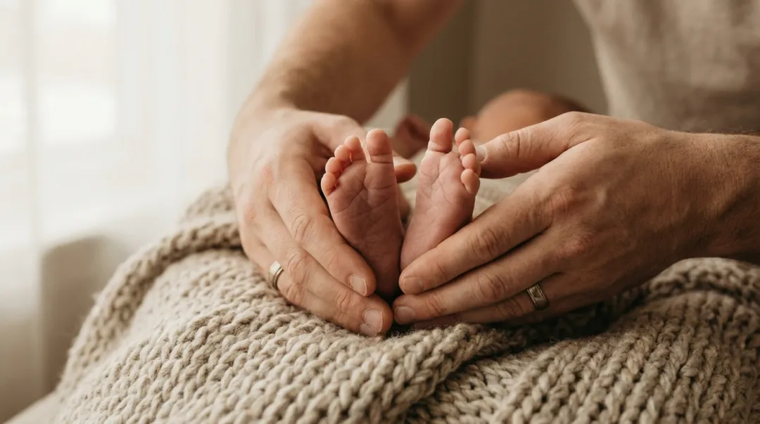 Mãos dos pais segurando os pezinhos de um recém-nascido sobre uma manta clara, simbolizando a escolha do nome