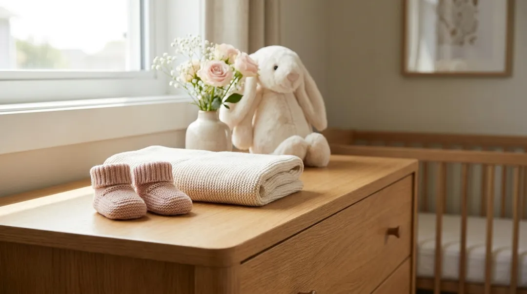 Cantinho de quarto de bebê menina em tons de rosa e off-white, com sapatinhos e flores delicadas